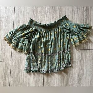 Blue Rain Off the Shoulder Green Lace Paisley Sage Blouse